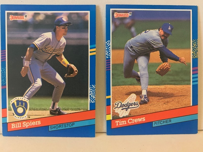 lot 195 image: 1991 LEAF BASEBALL CARD LOT  BILL SPIERS & TIM CREWS  BREWERS  DODGERS  2 CARDS