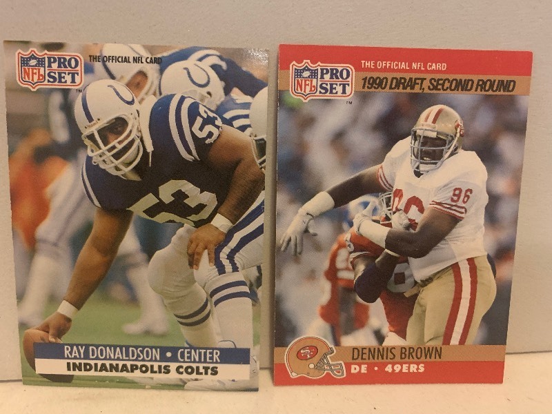 lot 135 image: 3-Card NFL Football Lot  Jim Harbaugh, Ray Donaldson & Dennis Brown  Upper Deck & Pro Set