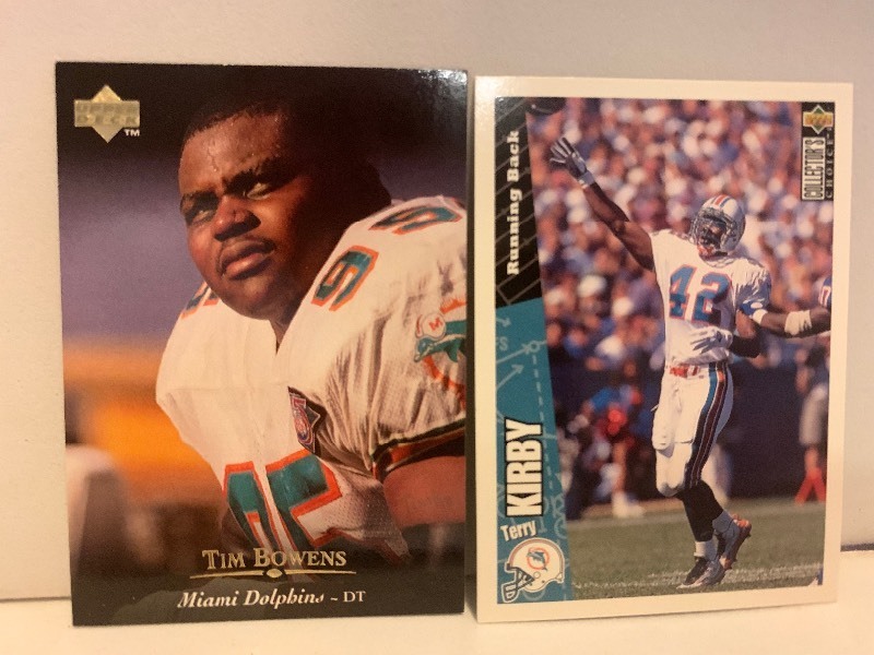 lot 228 image: 2-CARD MIAMI DOLPHINS FOOTBALL CARD LOT  TIM BOWENS & TERRY KIRBY  UPPER DECK