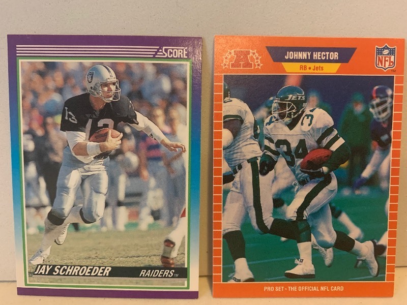 lot 230 image: 2-CARD NFL FOOTBALL CARD LOT  JAY SCHROEDER RAIDERS & JOHNNY HECTOR JETS  SCORE  PRO SET