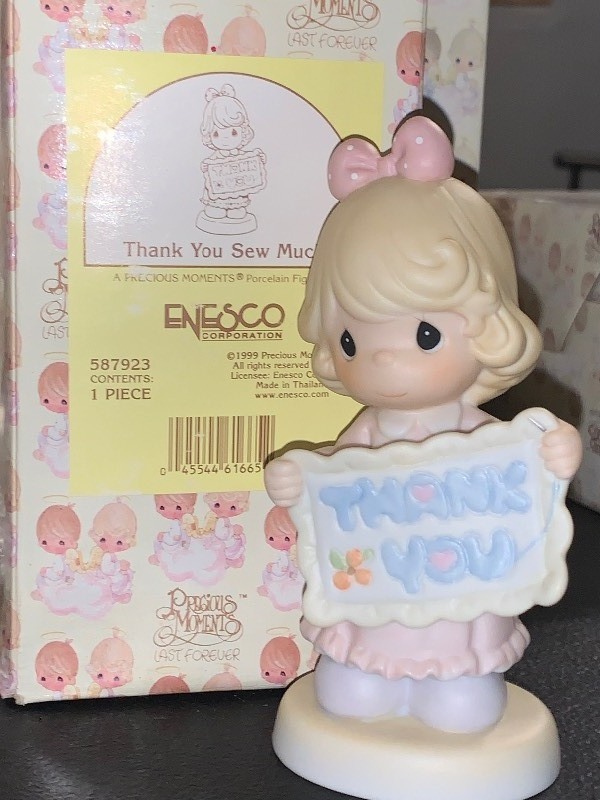 lot 201 image: 1999 PRECIOUS MOMENTS THANK YOU SEW MUCH FIGURINE  ENESCO #587923  ORIGINAL BOX