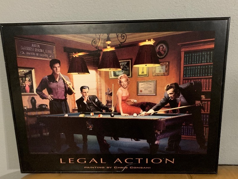 lot 13 image: CHRIS CONSANI LEGAL ACTION FRAMED CELEBRITY POOL ROOM ART PRINT  APPROX. 32 x 24