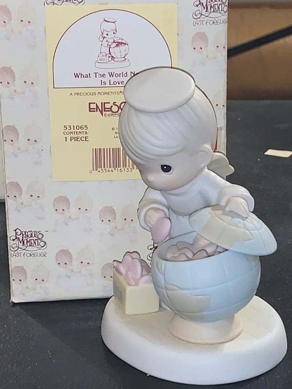 lot 33 image: 1994 PRECIOUS MOMENTS WHAT THE WORLD NEEDS IS LOVE FIGURINE  ENESCO  ORIGINAL BOX