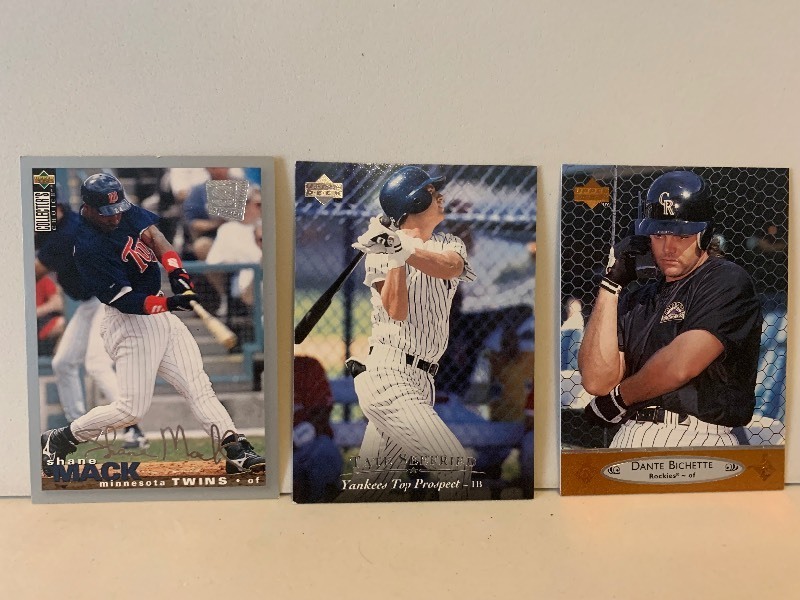 lot 168 image: 1990s UPPER DECK BASEBALL CARD LOT  SHANE MACK, TATE SEEFried TOP PROSPECT & DANTE BICHETTE  3 CARDS
