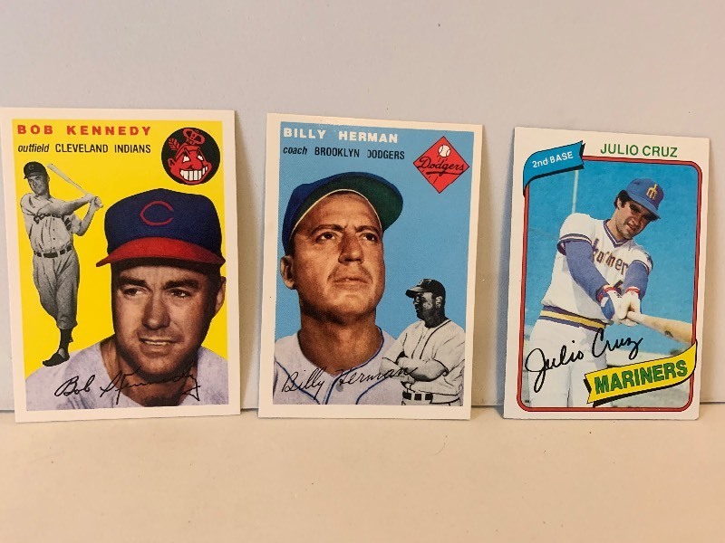 lot 170 image: BASEBALL CARD LOT  1954 TOPPS BOB KENNEDY & BILLY HERMAN  1980 TOPPS JULIO CRUZ  3 CARDS