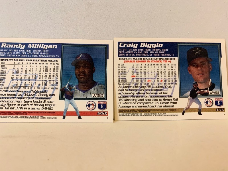 lot 181 image: 1995 TOPPS BASEBALL CARD LOT  RANDY MILLIGAN & CRAIG BIGGIO  EXPOS  ASTROS  2 CARDS