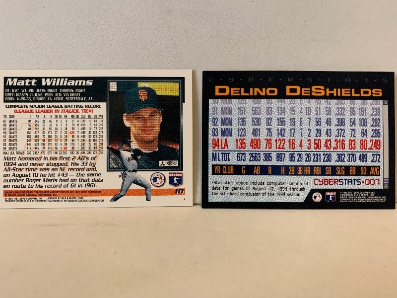 lot 182 image: 1995 TOPPS BASEBALL CARD LOT  MATT WILLIAMS & DELINO DeSHIELDS  GIANTS  DODGERS  2 CARDS