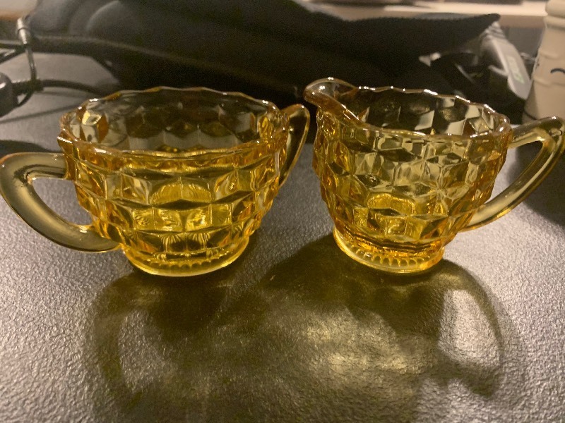 lot 78 image: Vintage Amber Glass Creamer & Open Sugar Bowl Set  Pressed Glass