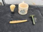 Vintage shaving lot - Old Spice shaving cup, razor, brush, and Spike straight razor
