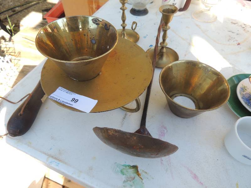lot 99 image: Brass candle holders x 2,  2 lamp stands , ladle and more