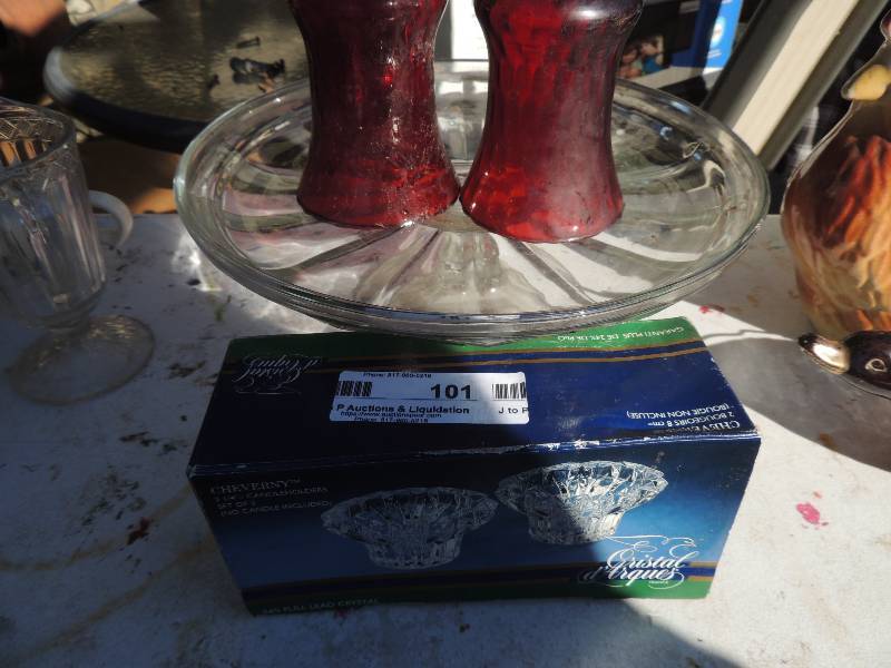 lot 101 image: Glass cake holder, NIB candle sticks, more