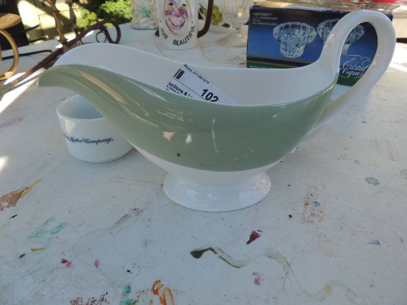 lot 102 image: Spode gravy boat ,Ford motor co. Cup.  Espresso cup, , and more