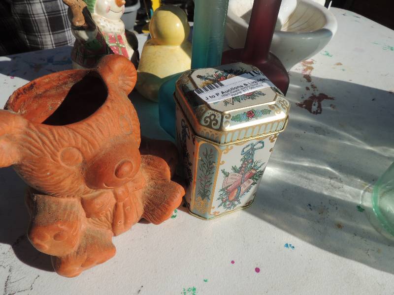 lot 109 image: soap dispenser, soap holder ( Bisque china) snowman duck, decor bottles and more