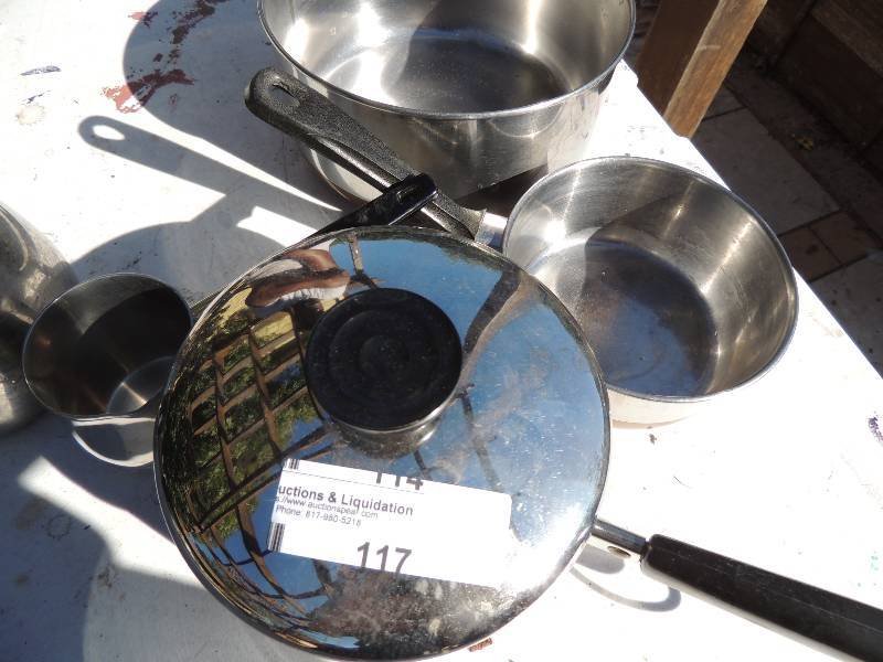 lot 117 image: Revere ware saucepans, gravy server, milk steamer