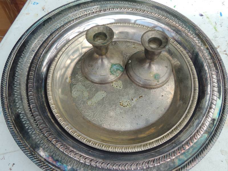 lot 159 image: silver-plate candle holders, platter, and serving platter