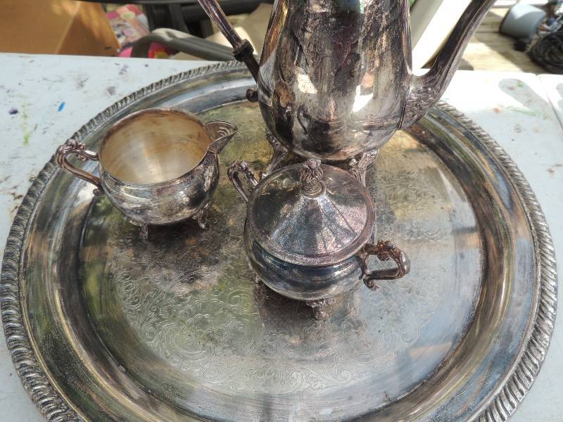 lot 160 image: Chinese platter, LEENARD Silver-plate tea service - TEAPOT, CREAMER, SUGAR