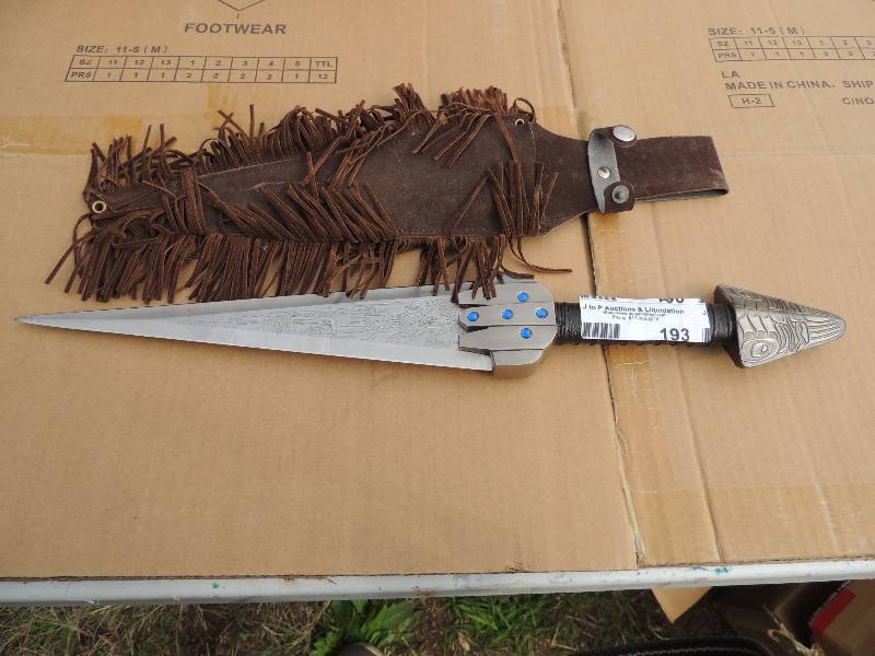 lot 193 image: 440 stainless sword 11 12  with leather suede sleeve