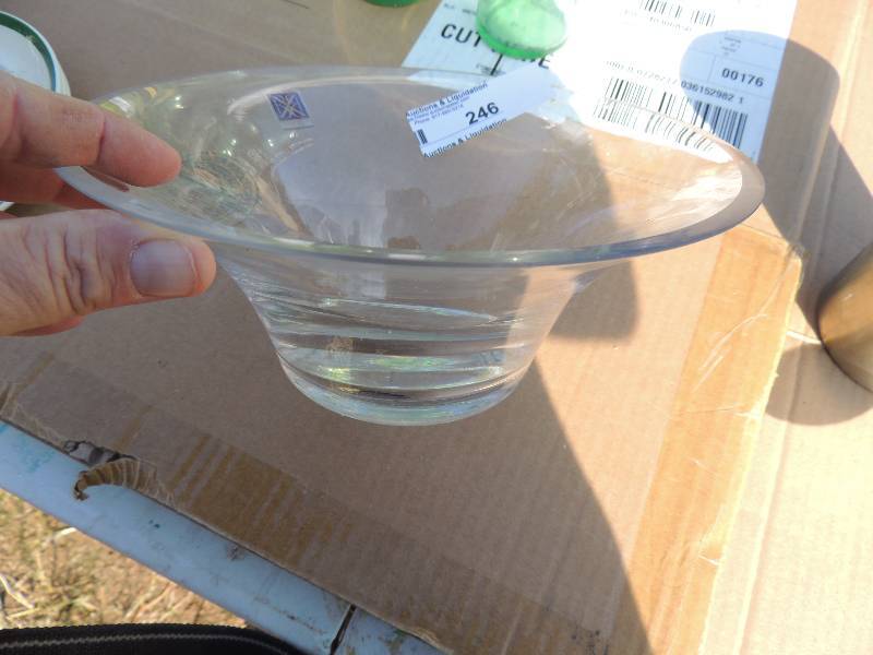 lot 246 image: GLASS BOWL, SMALL METAL PITCHER,  DANISH POT W HANDLE FOR DERVING MELTED BUTTER  OR GRAVY