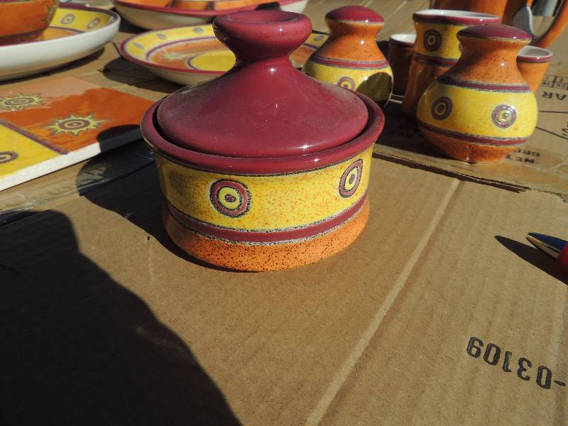 lot 350 image: Artesia hand painted dishware made in England  - Platter bowl S&P shaker, 3 shot glasses, creamer, platter ,pitcher etc.