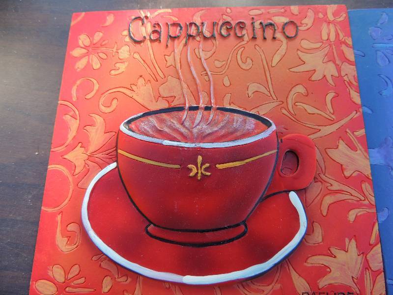 lot 417 image: Coffee art- 4 tiles expresso, cappuccino, caf latte, caf mocha,  And  2 Coffee art pieces