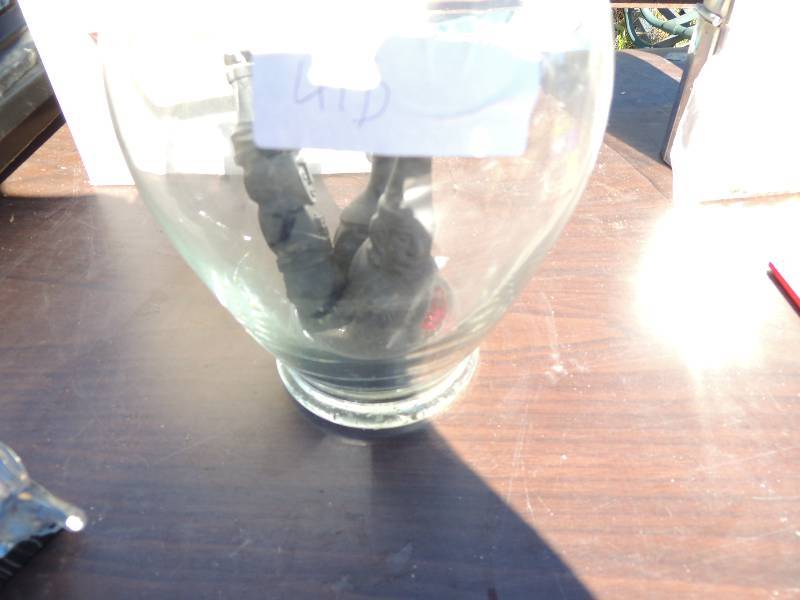 lot 418 image: Glass bowl with 3 black liquor bottles