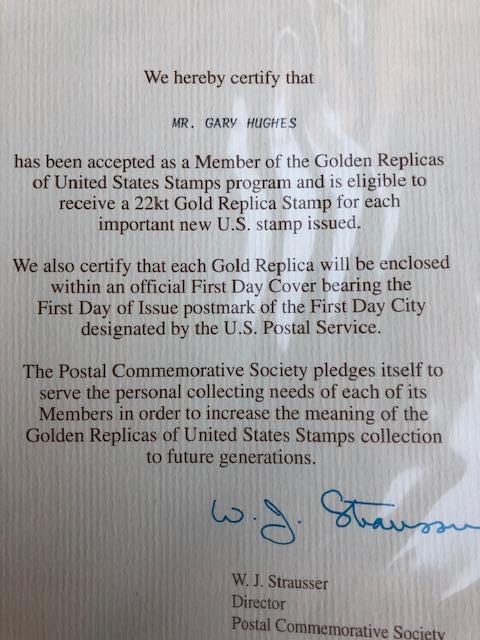 lot 297 image: GOLDEN REPLICAS OF US POSTAGE STAMPS - 1ST  DAY ISSUES - 41 TOTAL ON 14 PAGES IN BINDER, AND AN EMPTY BINDER