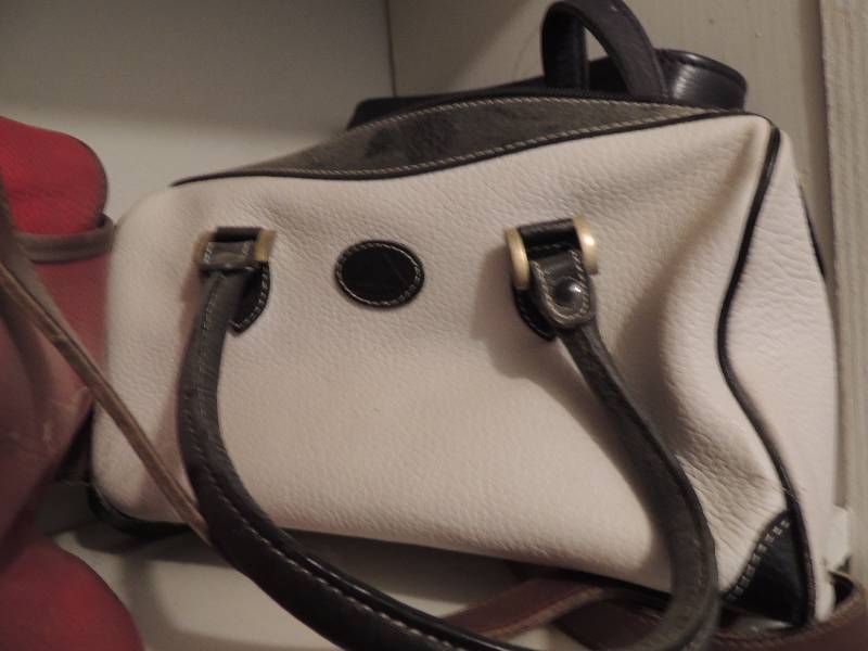 lot 607 image: Blue coach purse, Red coach purse  fuzzy foot massager, Liz Claiborne purse
