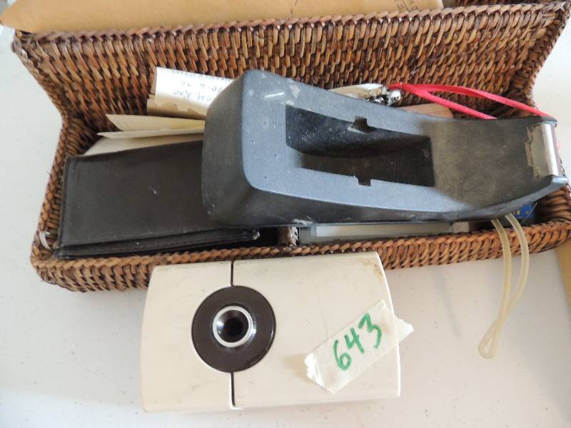 lot 643 image: Office supplies- tape dispenser, pencil sharpener, squares, protractor