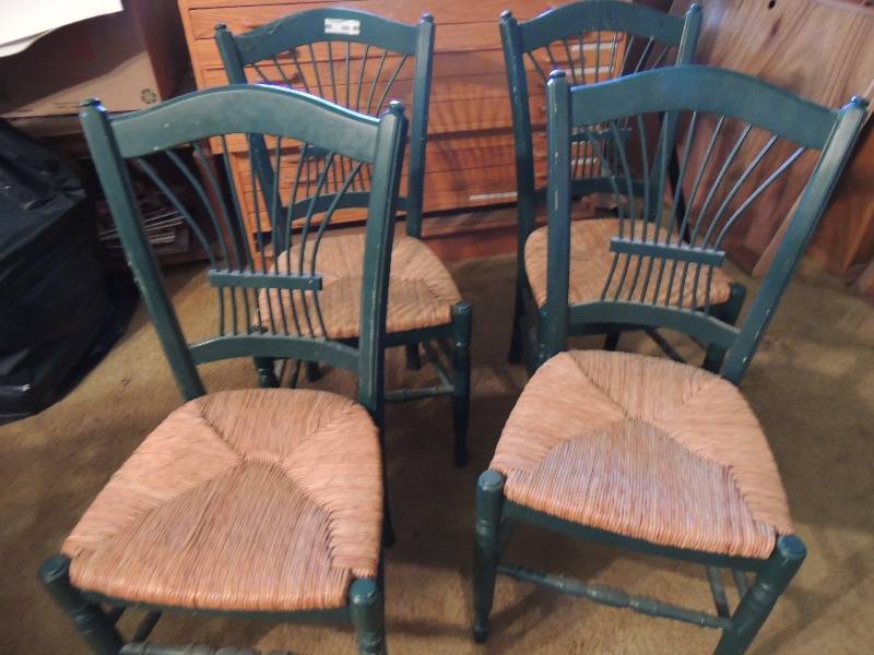 lot 695 image: Four chairs- green, wicker seats lyrical back