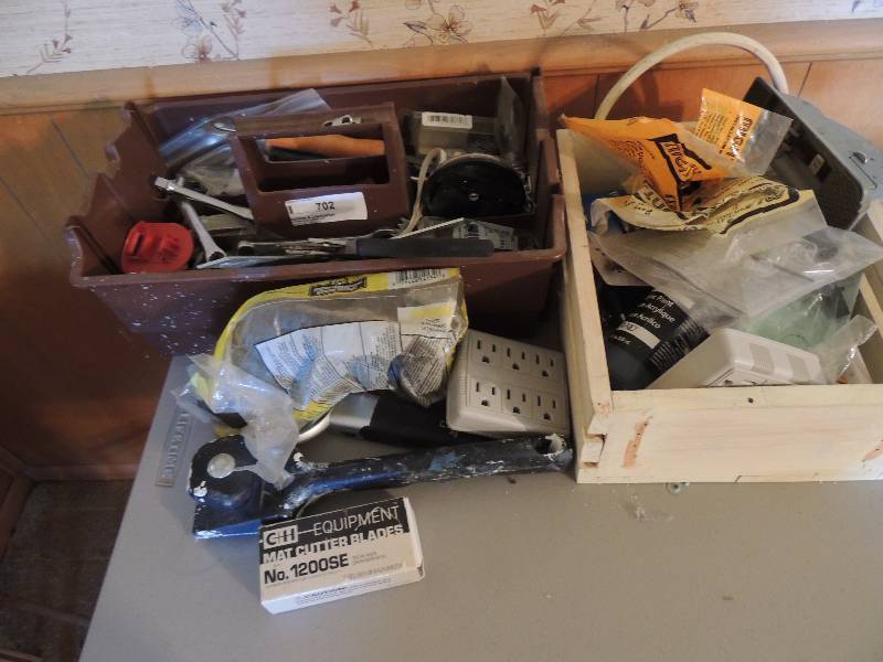 lot 702 image: Wooden box of misc. deco and tool box with misc. tools