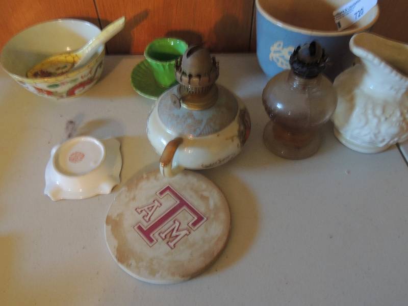 lot 720 image: Clay pot, Texas A&M coaster, ashtray, oil lamp and 2 clay pitchers