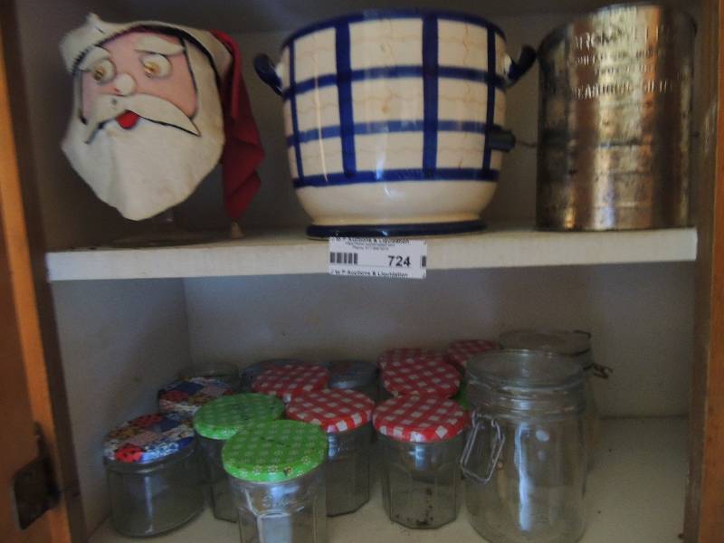 lot 724 image: Blue and white clock, sifter and jars