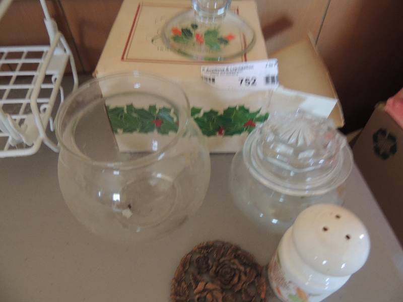 lot 752 image: Avon holiday compote, 2 glass jars, brass trinket and mirror