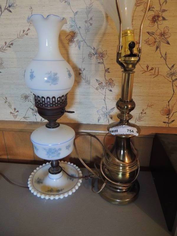 lot 754 image: Brass table lamp and white blue table lantern like lamp