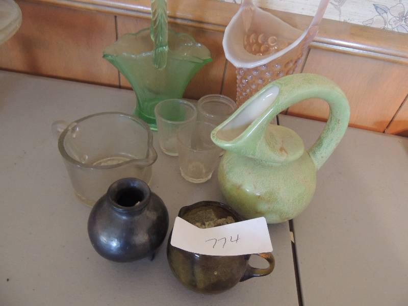 lot 774 image: Pink Hobnob basket vase , green glass basket, creamer and green pitcher
