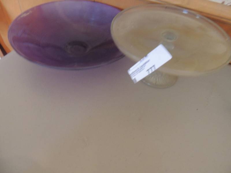 lot 777 image: 8 clear glass cake pedestal  and purple bowl