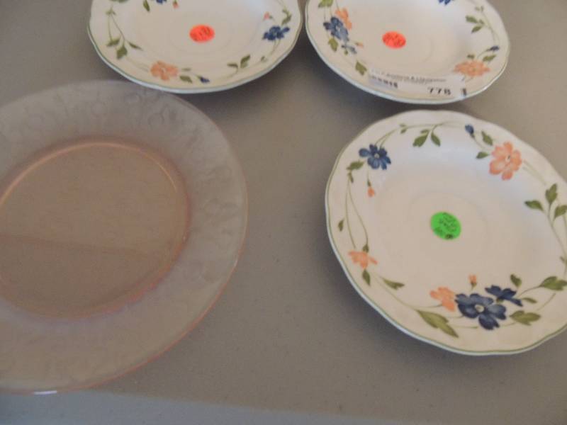 lot 778 image: 3 floral saucers, 1 transparent pink saucer