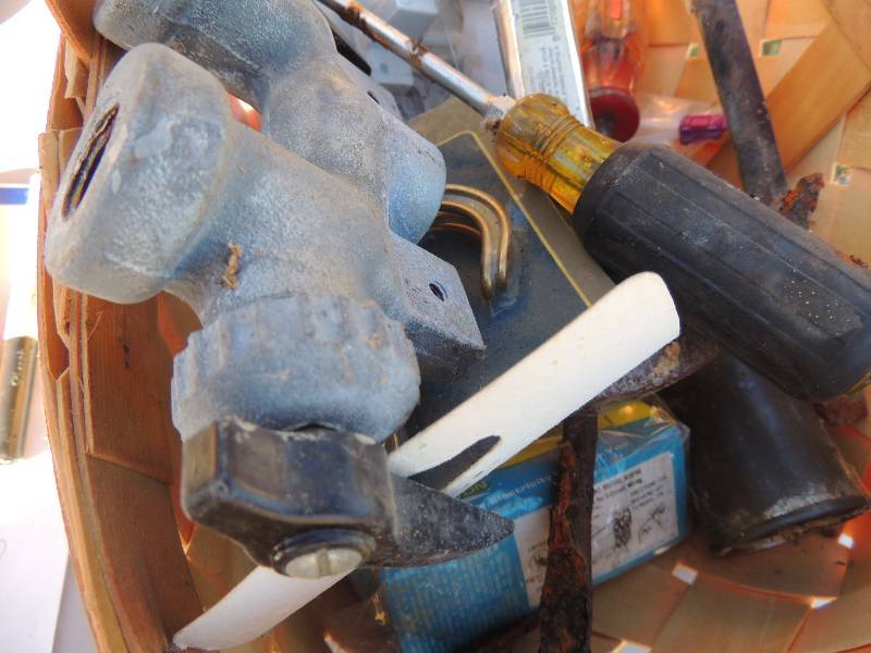lot 479 image: Misc. tools- hammer, door latch, screw driver small crowbar and sprinkler head