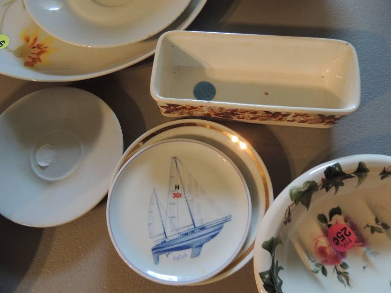 lot 1057 image: Plate with leaves, butter dish, Crown ford soap dish and 4 saucers