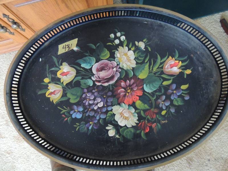 lot 431 image: Vintage oval METAL  serving tray  FLORAL with stand