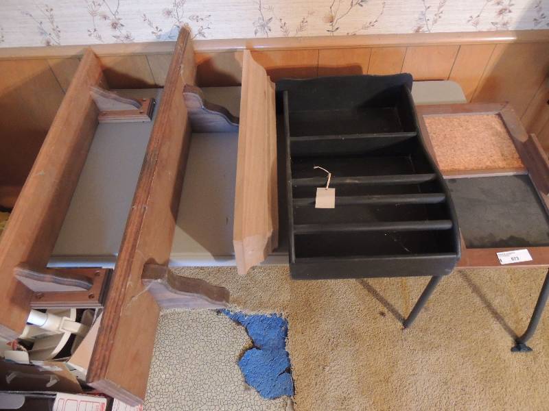 lot 873 image: Vintage chalk cork board, 3 wall shelves, black wood wall shelf 5 pieces total
