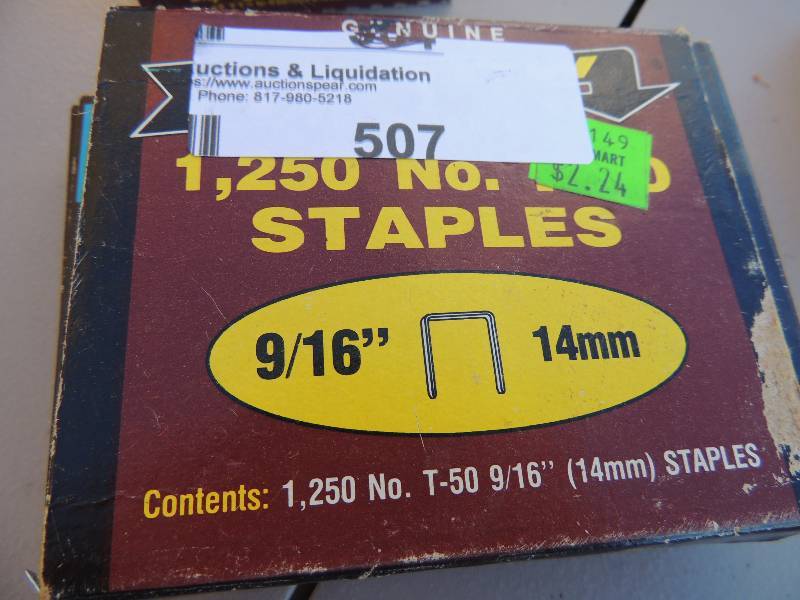 lot 507 image: Misc. sizes of staples  and caulking gun