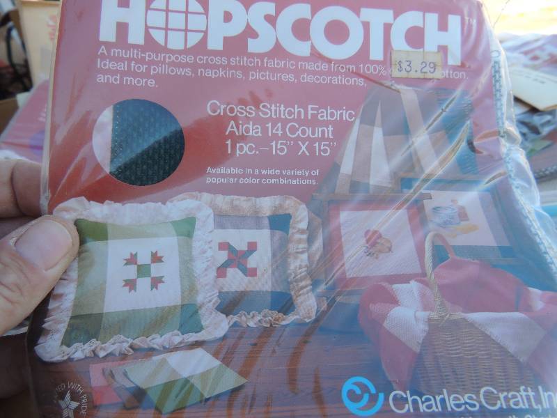 lot 1000 image: Box of multiple Hop Scotch cross stich fabric  15 x 15 for pillows, blankets, quilts etc.