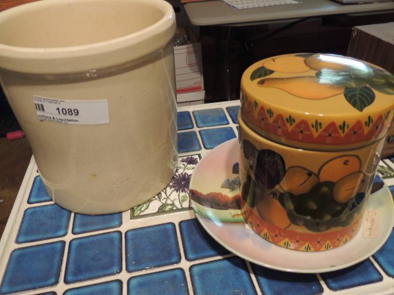 lot 1089 image: Clay pottery, pear & grape hand painted canister and hand painted plate