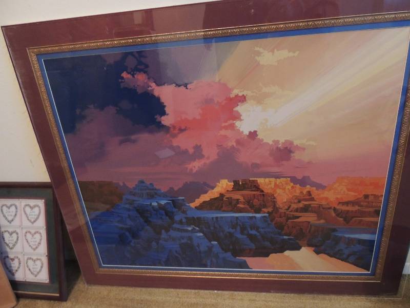 lot 1099 image: Triple mounted (no frame) Cubist art of  mountain  op 45x37