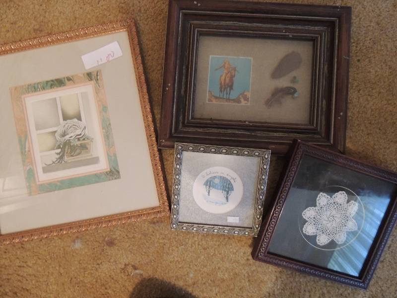 lot 1100 image: D. Morgan, Believe in Angels 19887 , framed tatting, Rose art Indian arrowhead feather