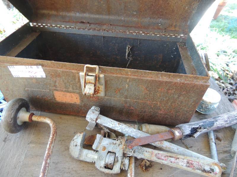 lot 374 image: Metal TOOL BOX and tools - BRACE, CHISEL, PIPE WRENCH, PLUMBER TOOL AND MORE