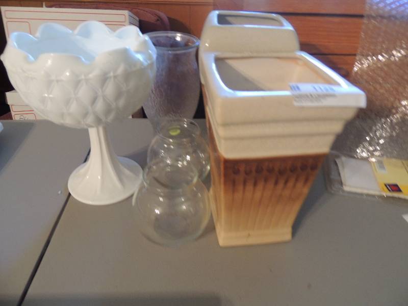 lot 1125 image: 2 new pottery vases, milk glass bowl, 2 small clear vases blown glass vase