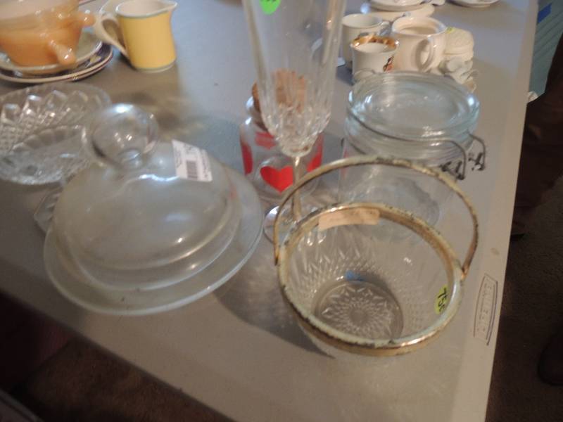 lot 1147 image: candy dish, canister, glass  basket, wine glass, covered candy dish