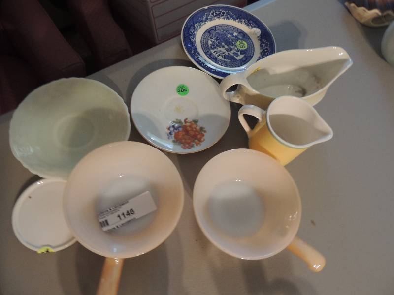 lot 1146 image: Fire king crocks, Fitz & Floyd creamer, gravy boat, Willow Wards plates